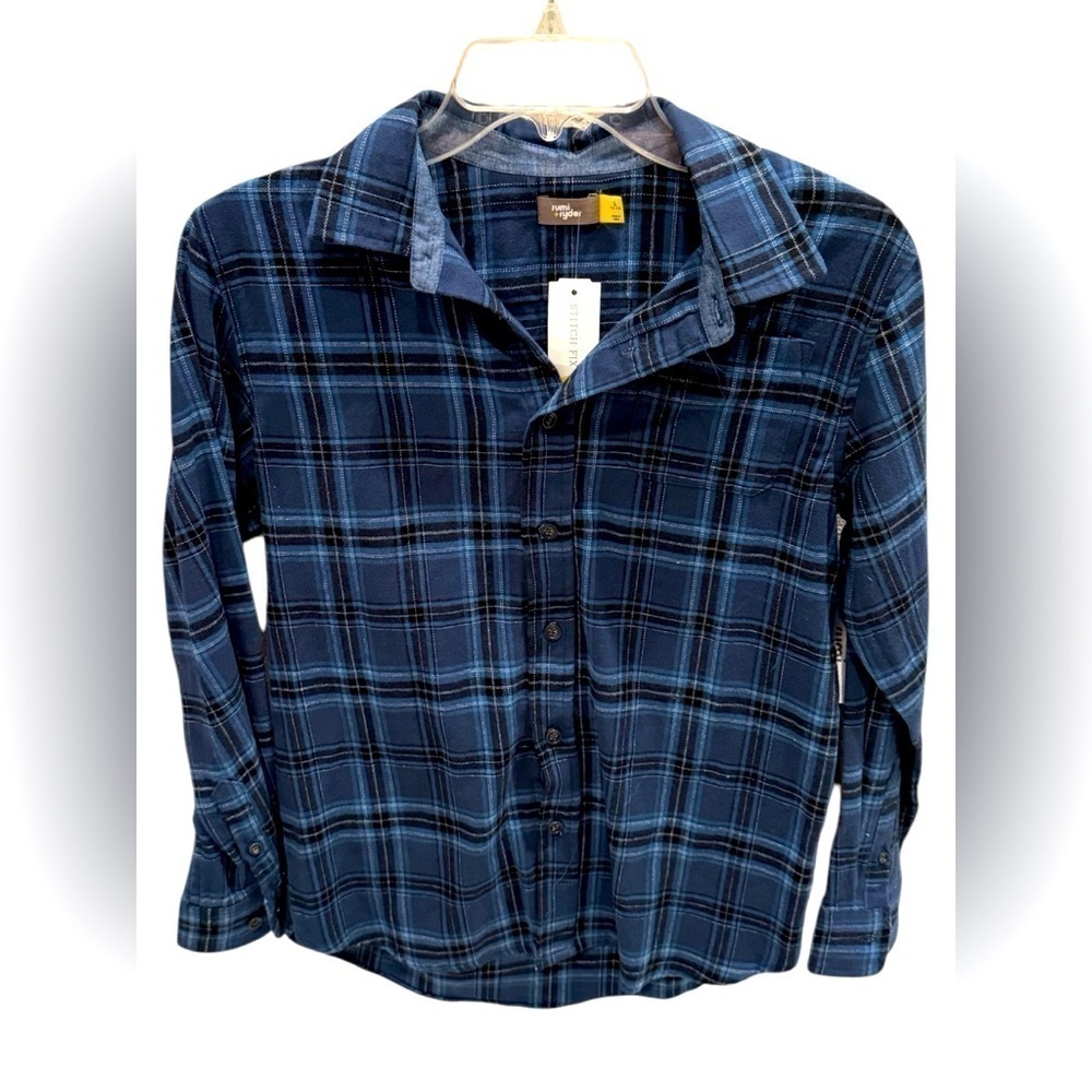 Rumi + Ryder Boys Plaid Button Up Shirt Blue Size Large 12/14 New with Tags